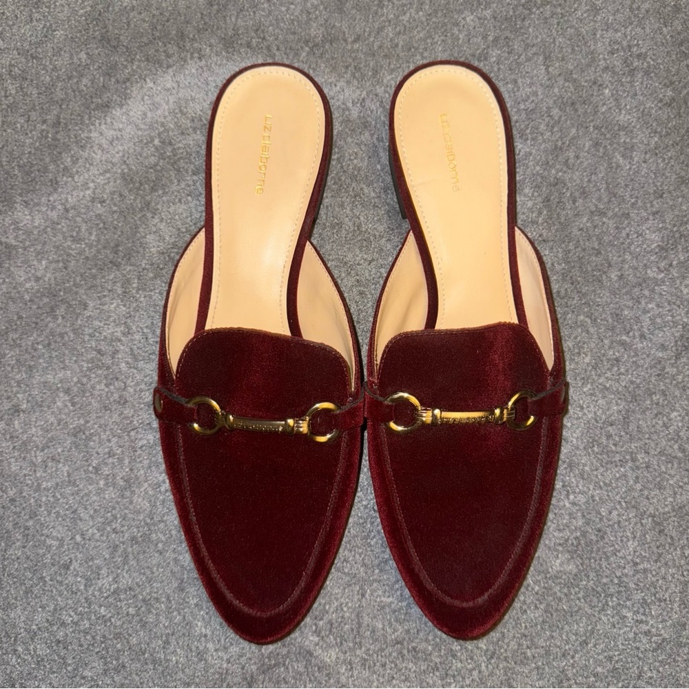 Liz Claiborne Burgundy Velvet Mules with Gold Detail